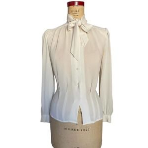 Anne Klein Womens Long Sleeve Top White Button Down Ribbon Tie Neck Pleated 4